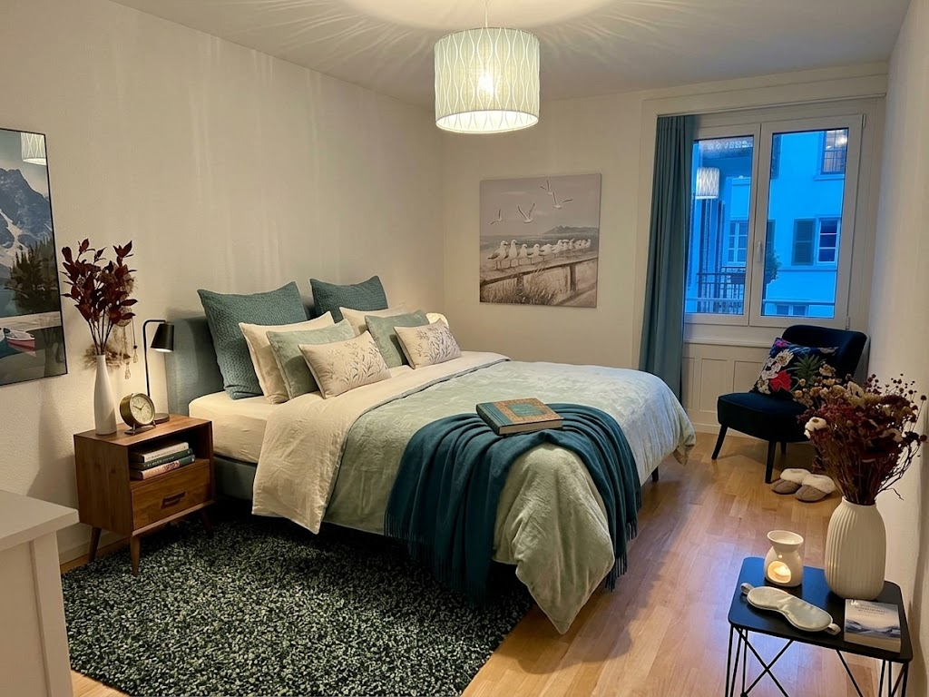 Serene master bedroom in Zurich with teal accents and layered textiles