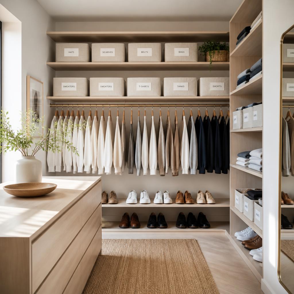 A calm, organised walk-in closet with labelled linen storage bins