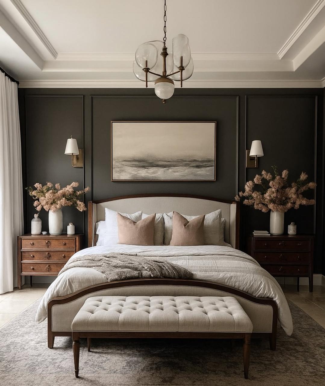 Moody bedroom with soft blush accents
