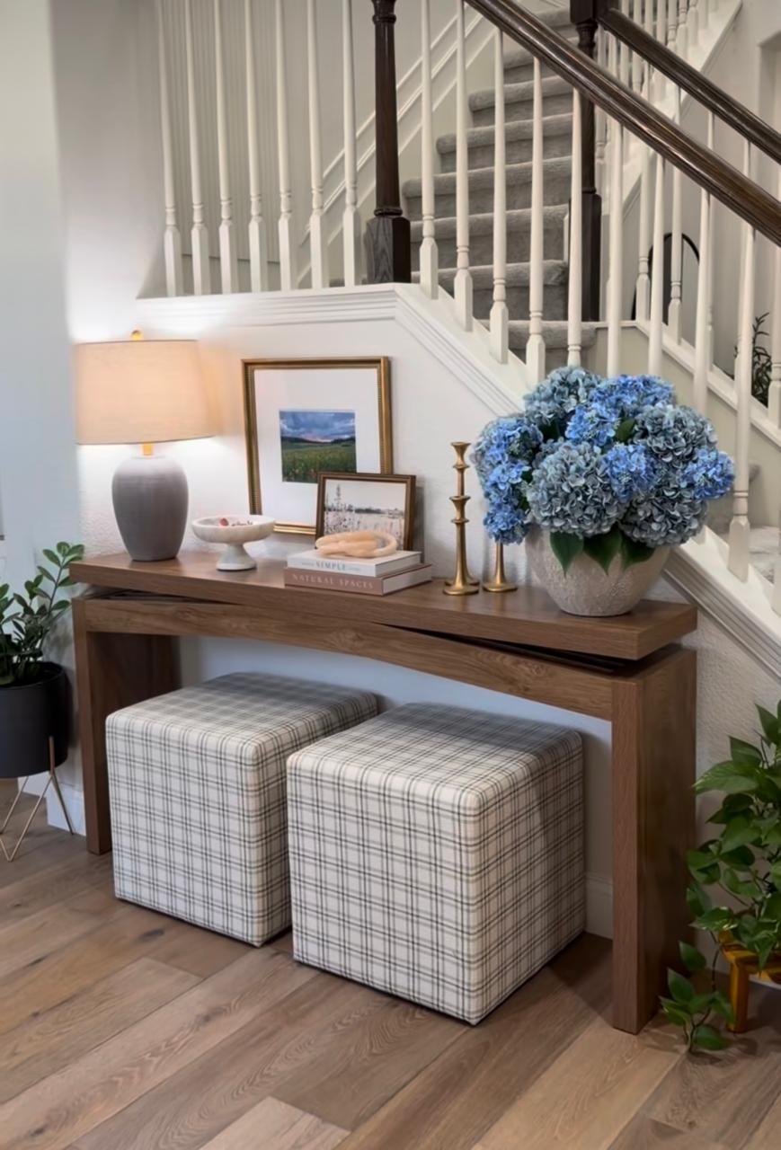 Warm entry console with layered styling